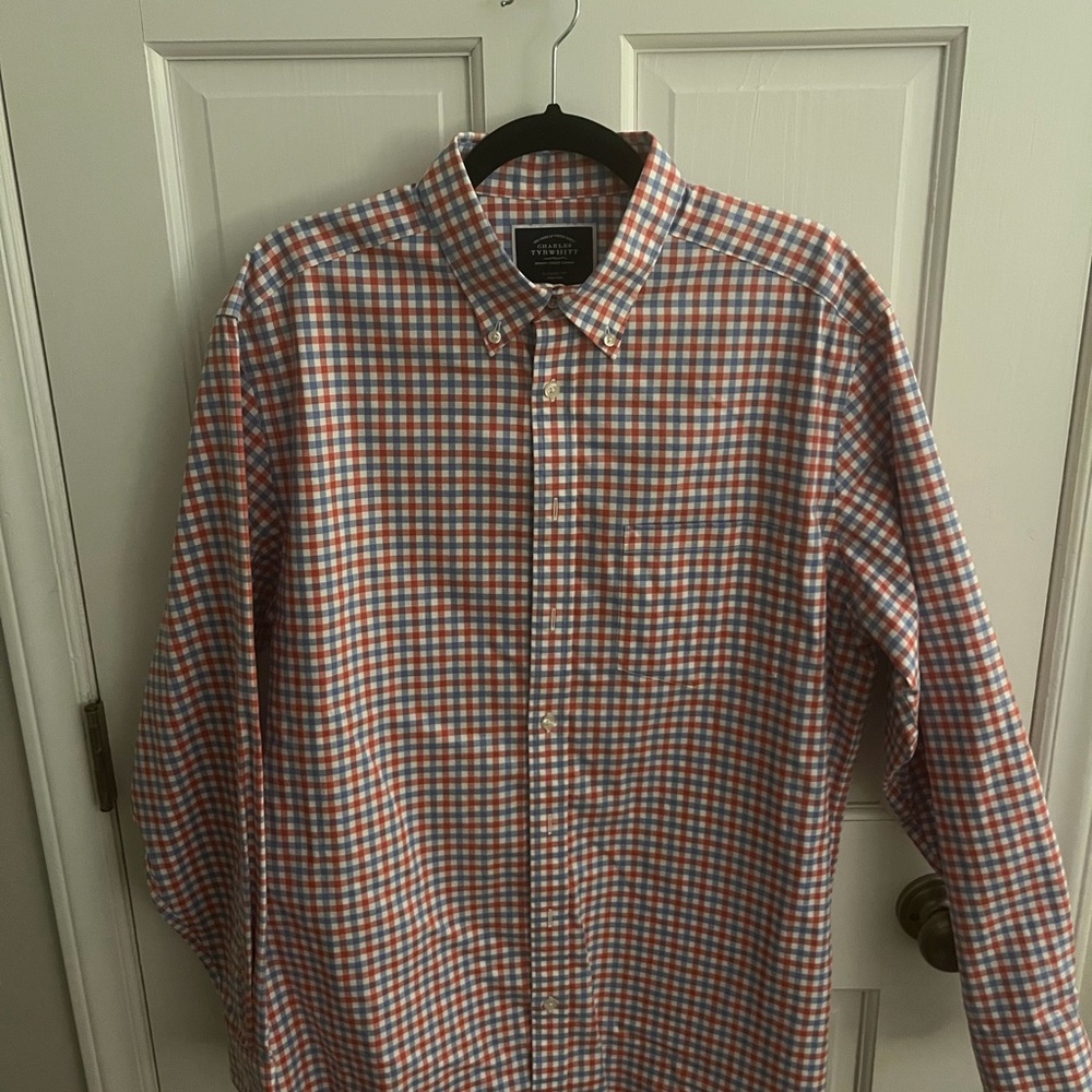 Charles Tyrwhitt Men's Orange and Blue Checkered Shirt